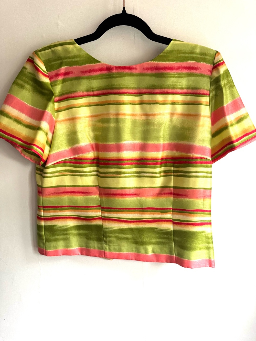 Sag Harbor Women’s Short Sleeve Striped Satin Top - Lime Green & Coral